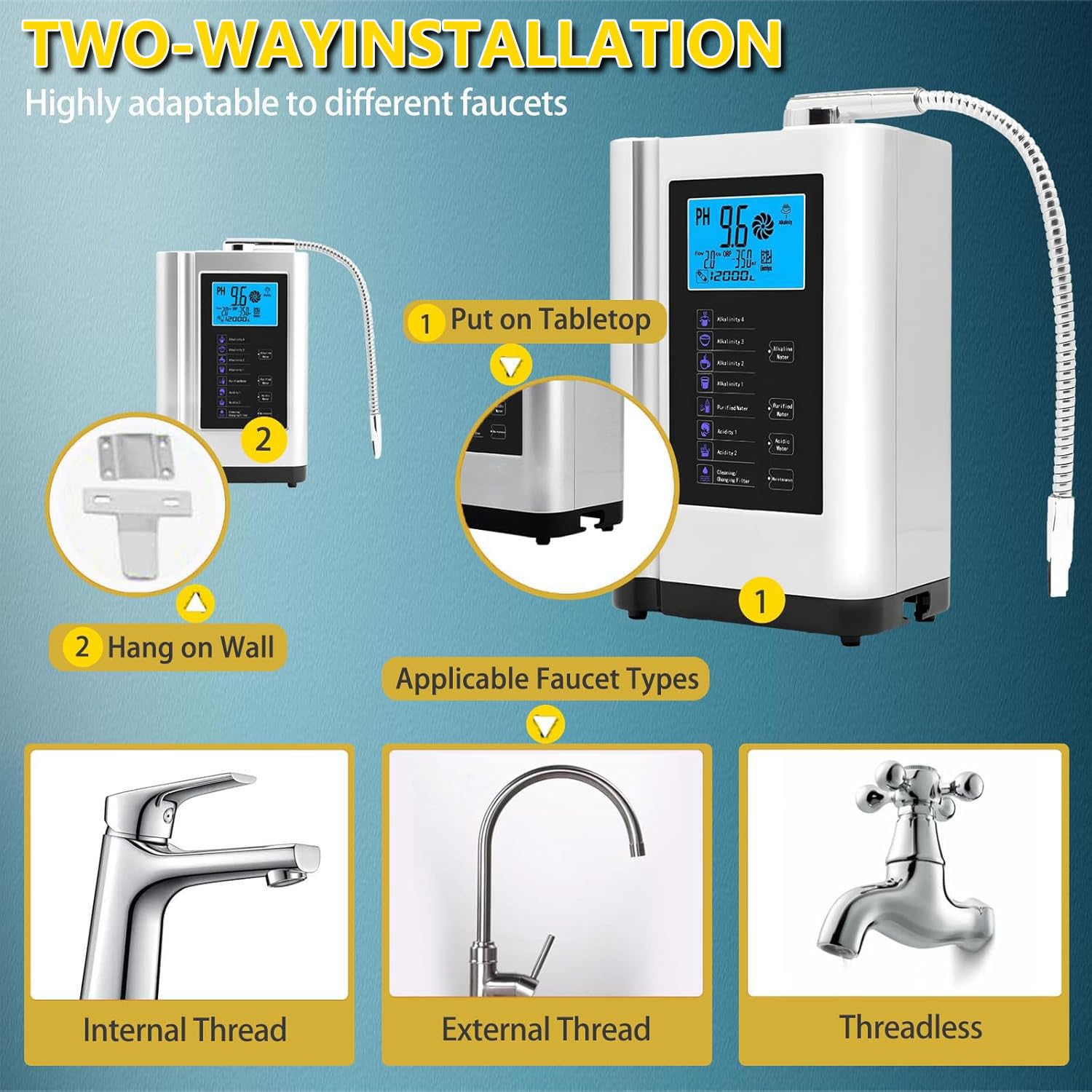Ionizzatore d'Acqua,PH 3,5-10,5,Macchina per Acqua ionizzata,Macchina per Acqua alcalina acida,ORP Fino a-500mV, 8000 Litri per Filtro, 7 impostazioni dell'Acqua, Pulizia Automatica Blue