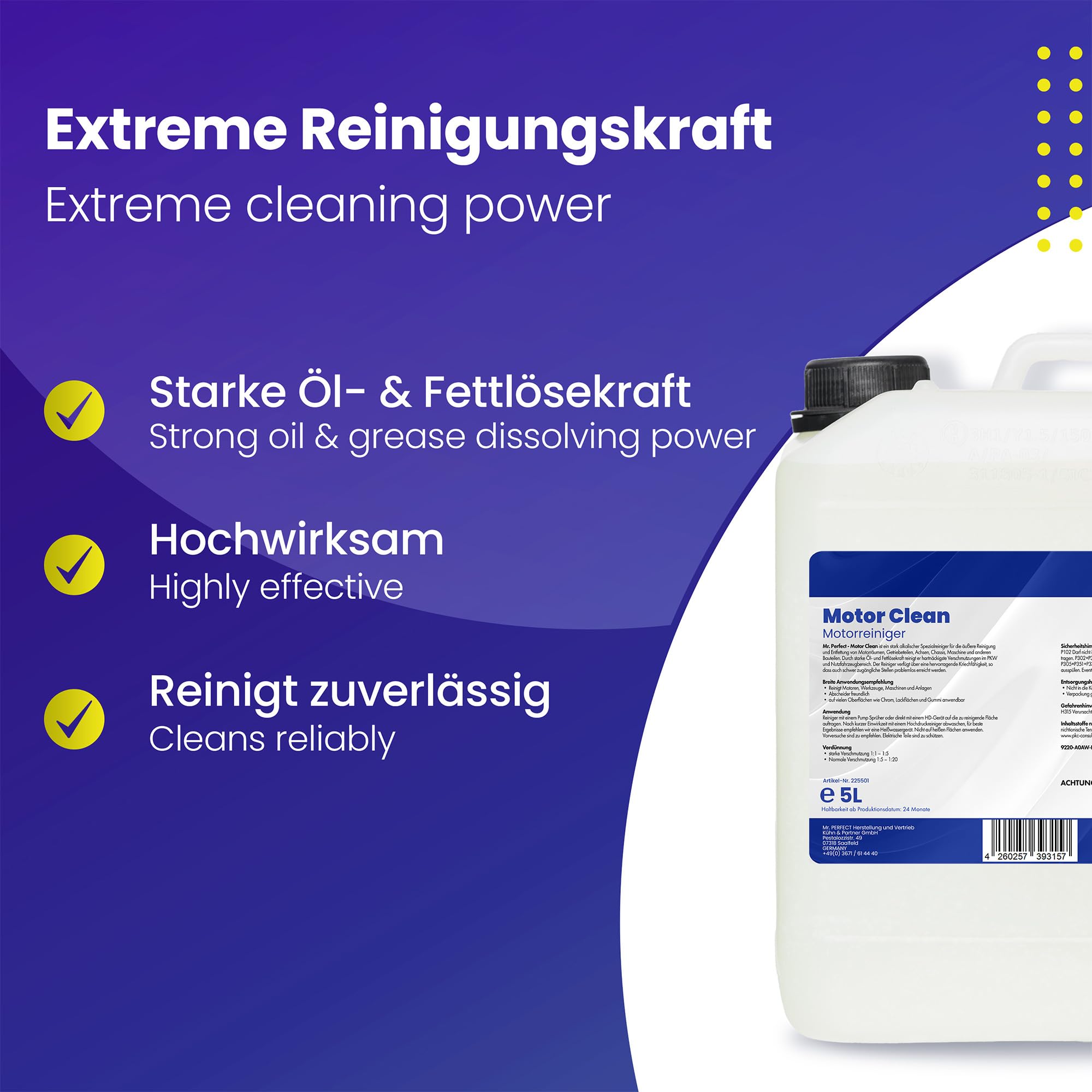 Mr. Perfect® Motorstar, 5L - Nettoyant pour Moteurs, système et équipements, nettoyant de pièces pour enlever l'huile, la Graisse, la suie