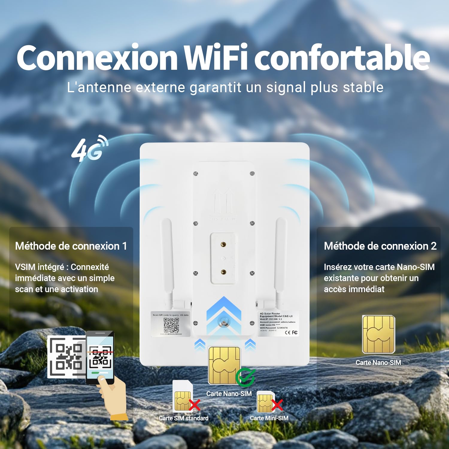 Routeur Solaire extérieur 4G pour caméras de sécurité, Prend en Charge Les Cartes SIM/VSIM, Batterie intégrée de 20000 mAh et Panneau Solaire de 15 W, connecte jusqu'à 8 caméras de sécurité et