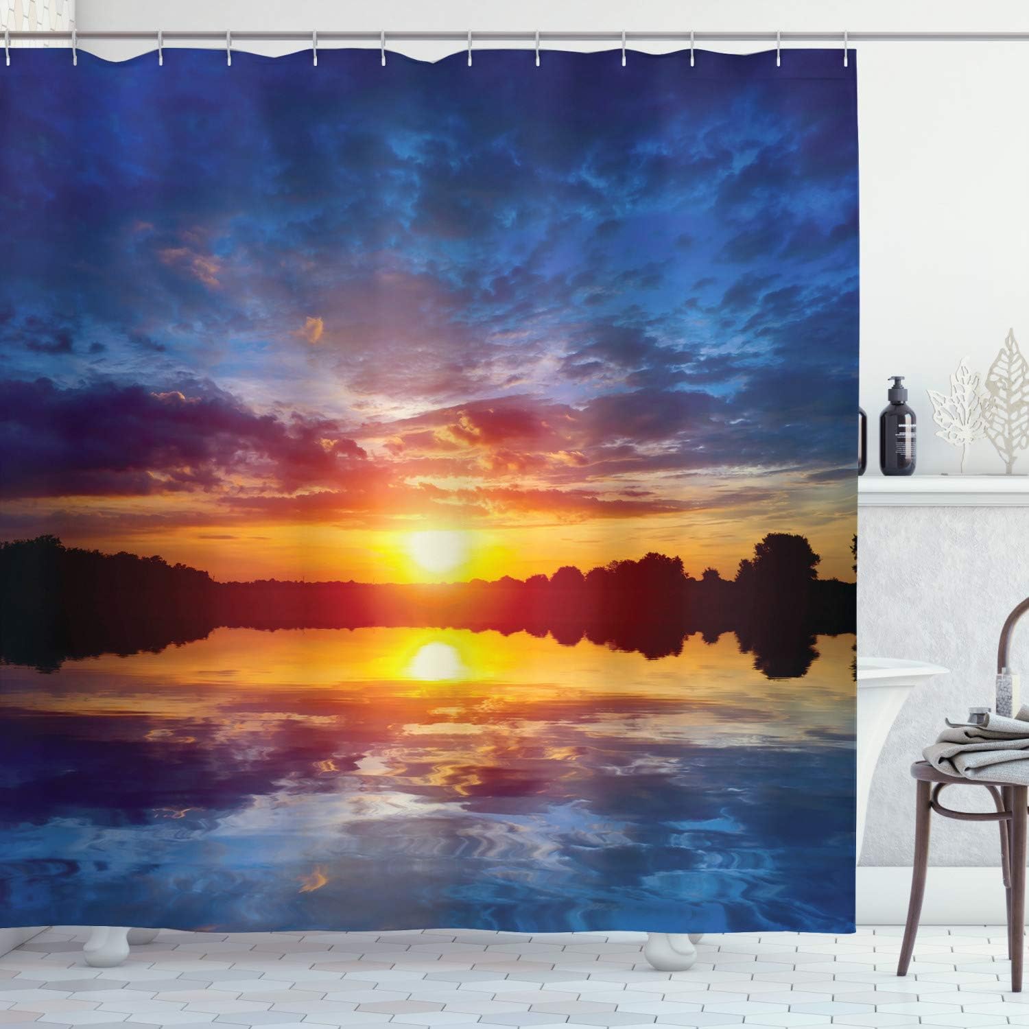 Ambesonne Lake Shower Curtain, Dreamy Sunset Scenery with Reflection on The Lake Dramatic Dusk Twilight, Cloth Fabric Bathroom Decor Set with Hooks, 69" W x 75" L, Blue Pale Orange Yellow