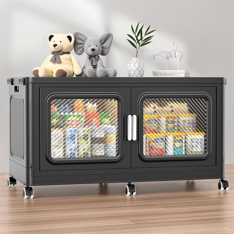 BROVIEW 220 Qt Extra Large Stackable Storage Bin with Lid, 1 Pack Black | 55Gal Extra Large, Collapsible Storage Boxes with 1 Lid, Folding& Rolling Plastic Drawer, Heavy-Duty Cabinet Organization