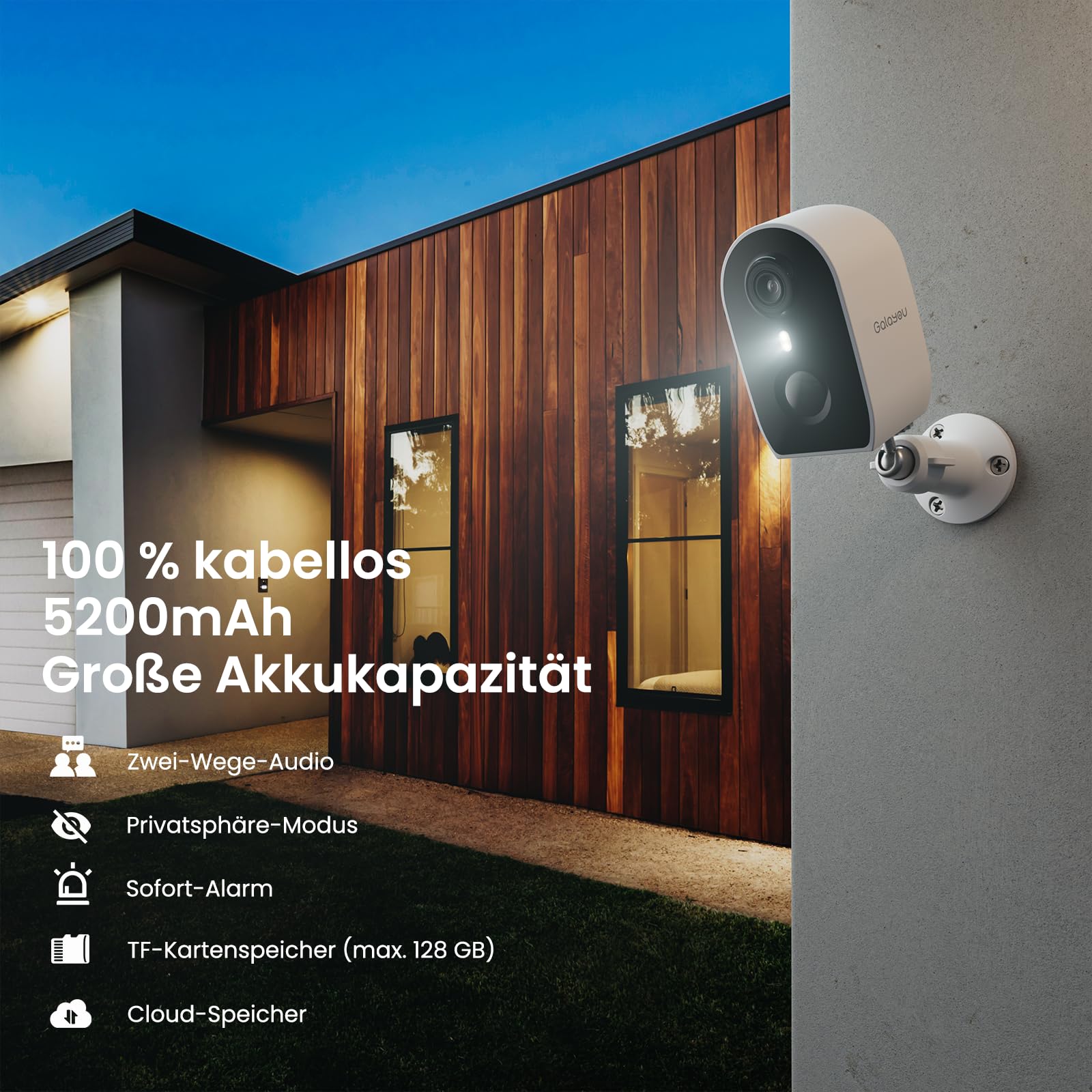 GALAYOU 2K Überwachungskamera Aussen Akku - WLAN Kamera Überwachung Aussen akku, Aussenkamera WLAN Kabellos, 2.4G, PIR Bewegungserkennung, 2-Wege Audio, Farbnachtsicht, Einfache Setup, IP65 R2-2P