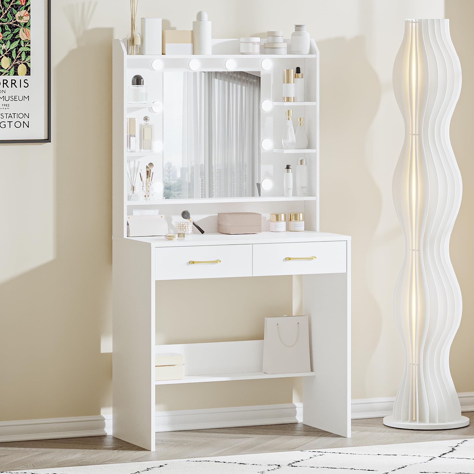 Hzuaneri Tocador de Maquillaje, con Espejo y luz LED, Estilo Moderno, Estación de Maquillaje con Estantes Abiertos y 2 Cajones, para Dormitorio, Salón, 40 x 80 x 149cm, Blanco DT08203X