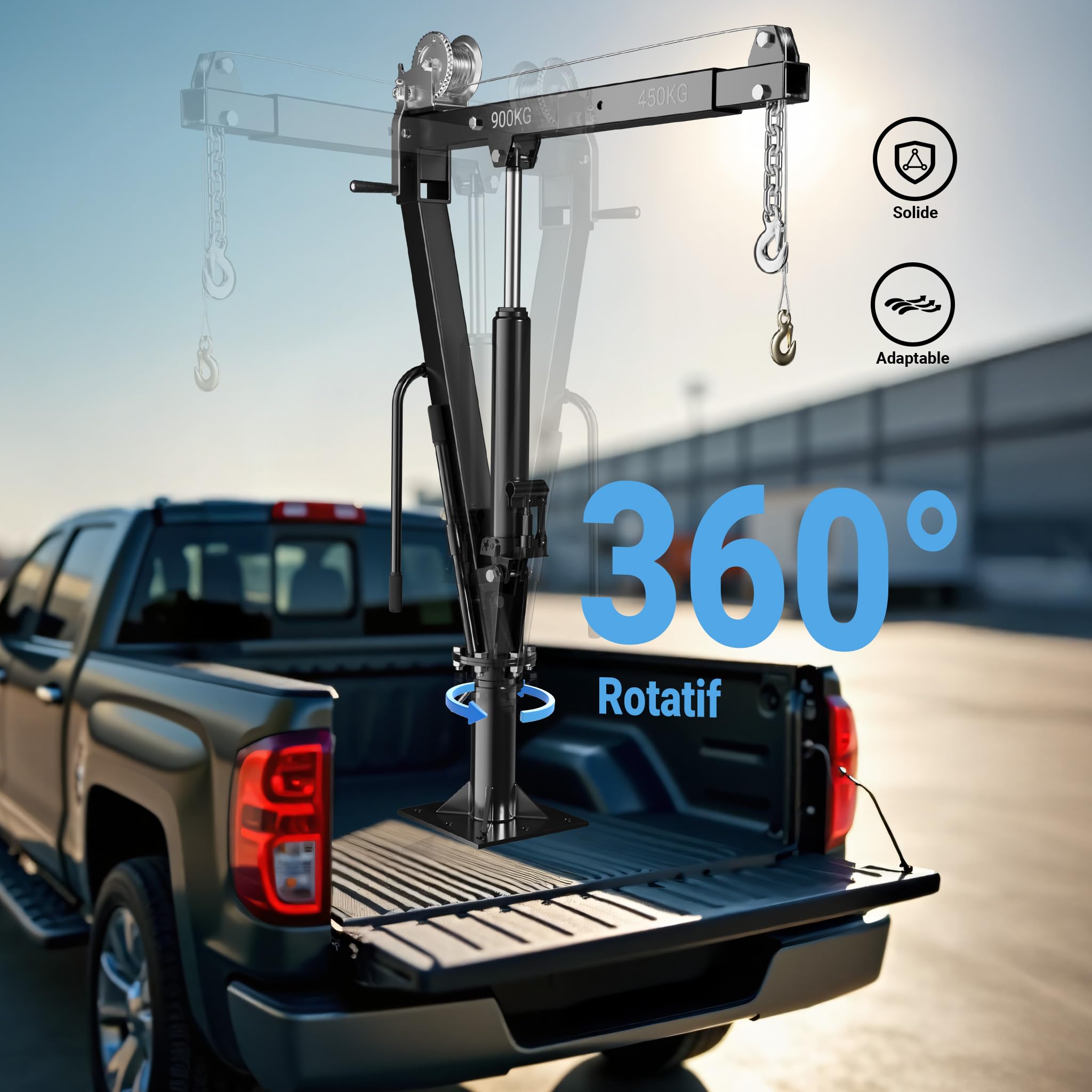 Wiltec Grue de levage de pick-up – Capacité de charge max. de 900 kg – Chèvre mécanique d'atelier avec Socle massif Bras pivotant à 360° et Treuil – Ancrage Fixation au sol et Remorque