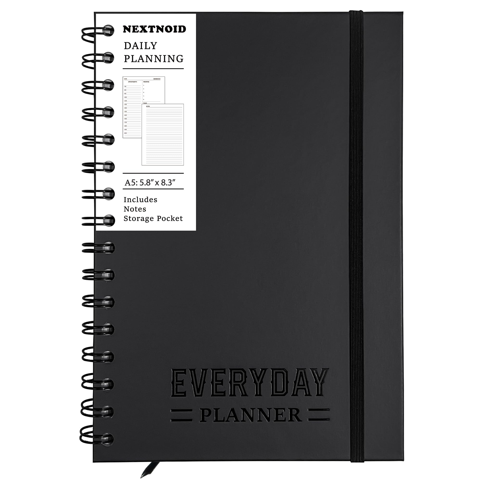 Undated Daily Planner Notebook With Hourly Schedule - Hardcover Appointment Day to do List Notebook for Women & Men - A5(5.7" x 8.3") Spiral Black