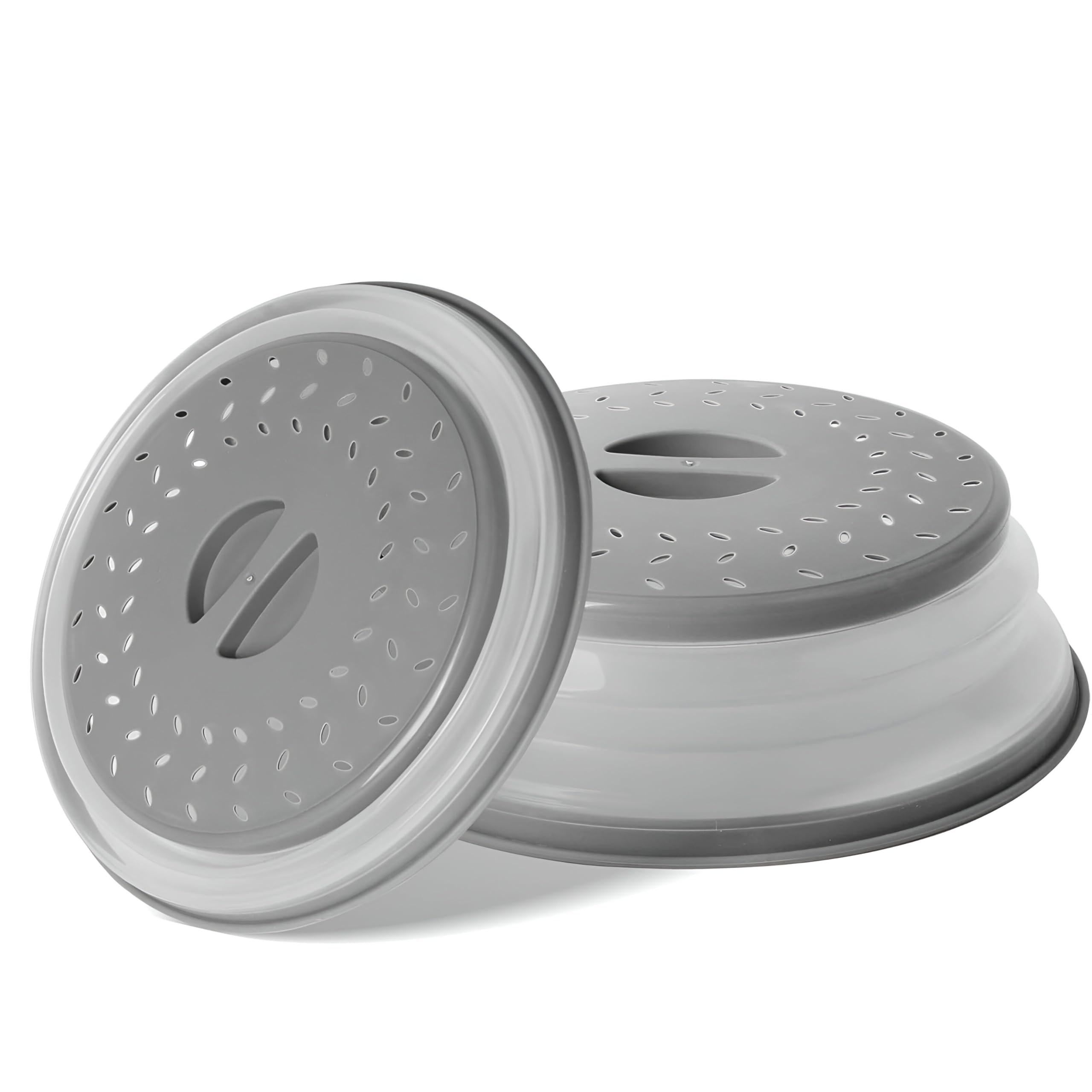NTEK Collapsible Microwave Food Cover – BPA-Free Splatter Guard with Grip Handle – Vented, Foldable Microwave Lid & Strainer for Reheating, Cooking, Fruit & Vegetable Washing (GRAY, Pack of 2)