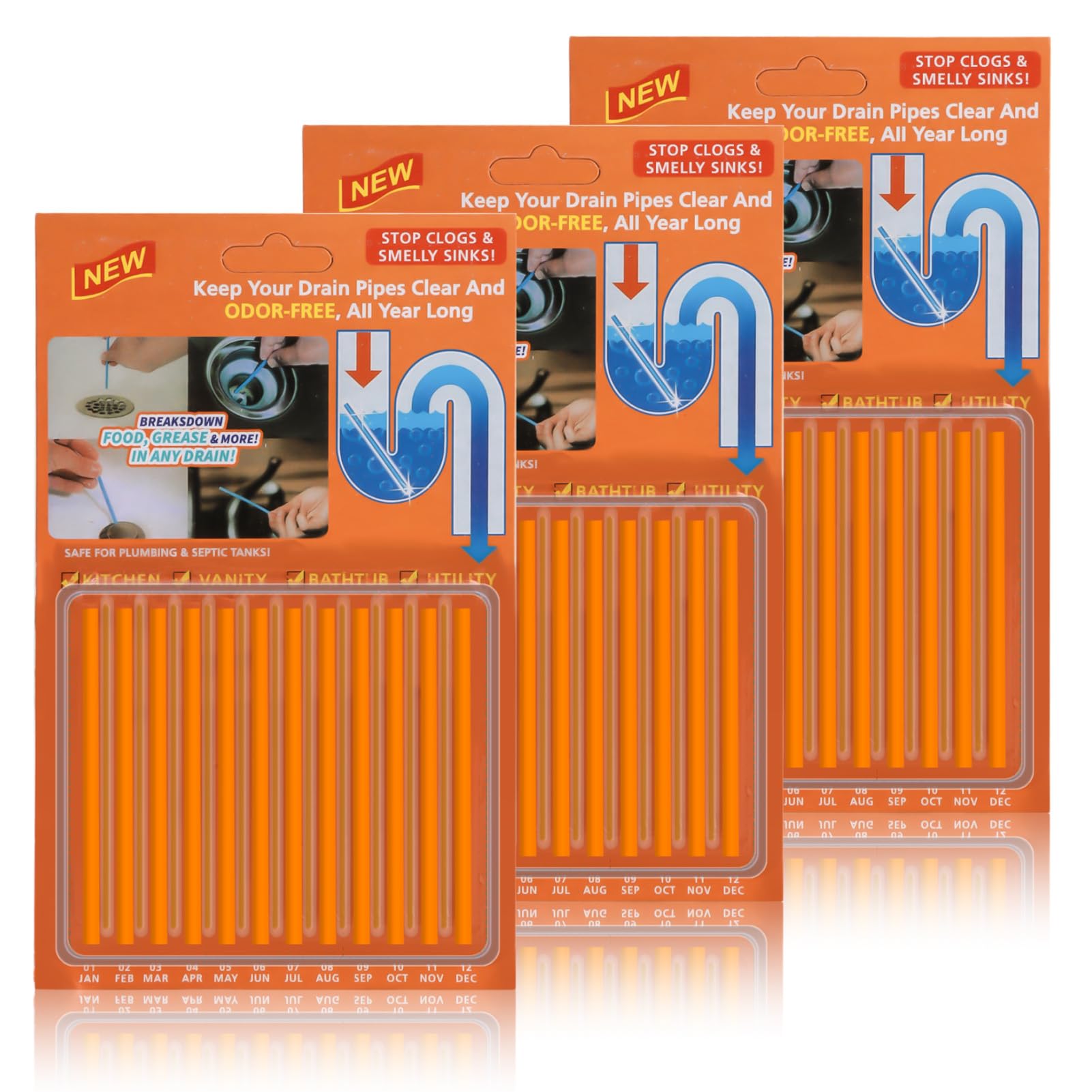 36Pack Drain Cleaning Sticks, Enzyme Drain Cleaner Easy Flow Plug Hole Unblocker Enzymatic Pipe Unblocker Sink Deodorizer Sticks Prevents Obstructions for Bathroom Kitchens (Orange)