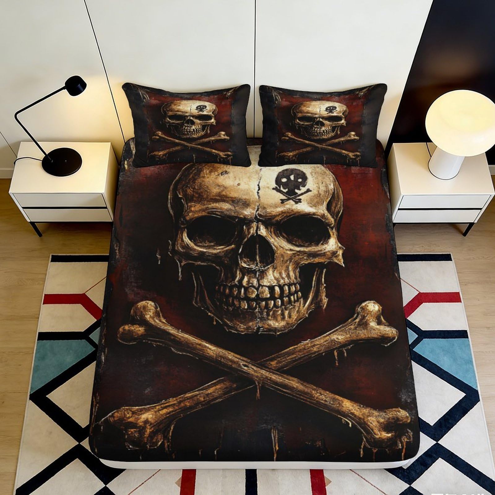 3D Printed Skull Crossbones Fitted Sheet Microfiber Soft Breathable Pirate Bed Cover for Bedroom Dormitory Guest Room Mattress Protection Decor 120x200x25cm
