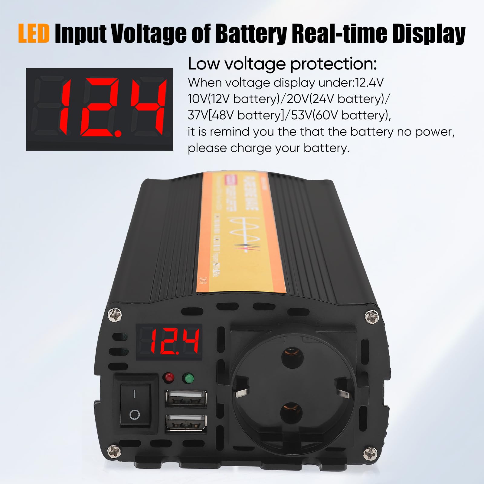 Wechselrichter, 12V auf 230V Spannungswandler mit Reiner Sinuswelle, Umwandler 1000W Dauerleistung / 2000W Spitzenleistung, für Wohnmobile, Caravan Boote und Camping mit 1 AC-Steckdose und 2 USB-Ports