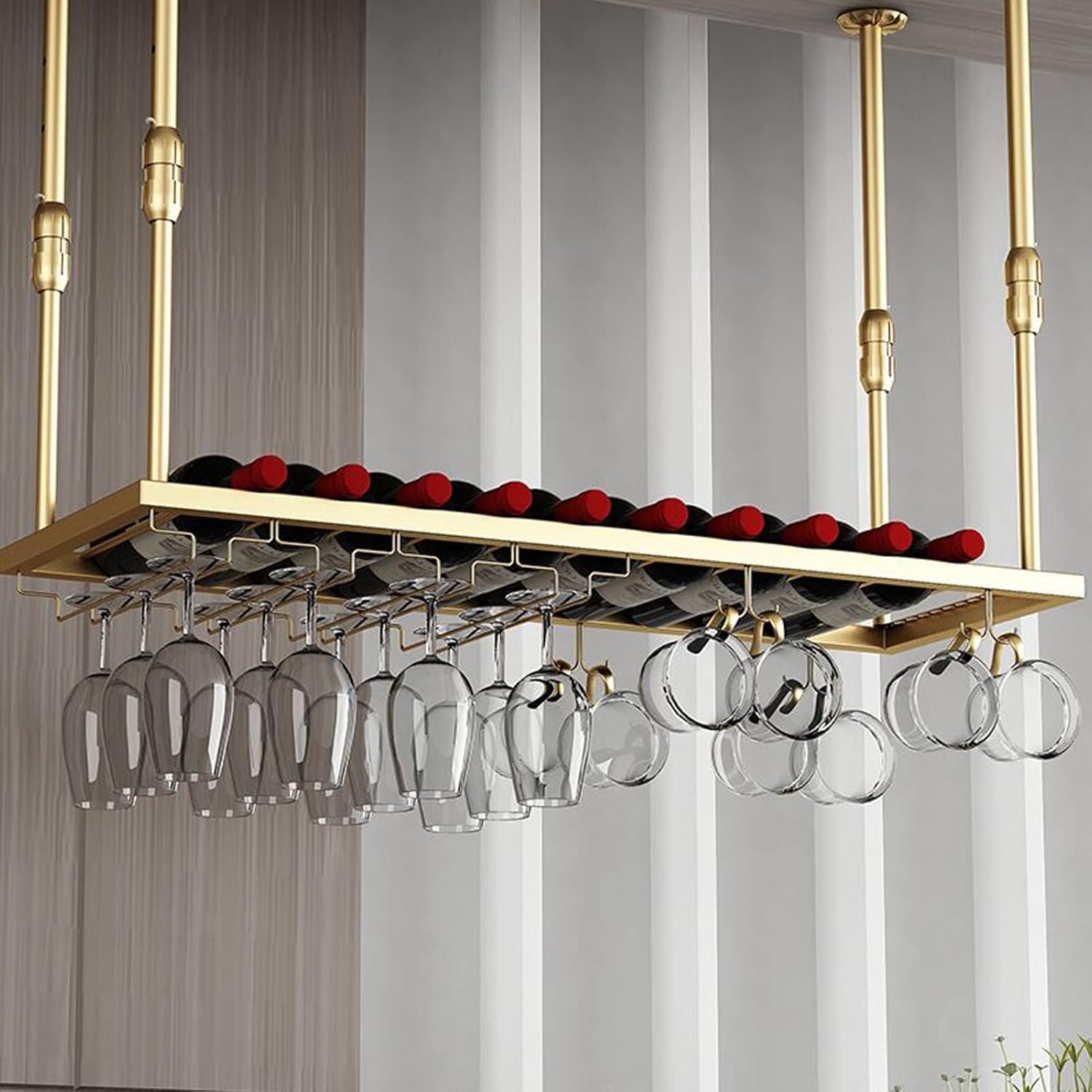 Ceiling Wine Rack | Elegant Glass Holder & Bottle nizer | Floating Shelf for Home Bar & Kitchen Storage Solutions