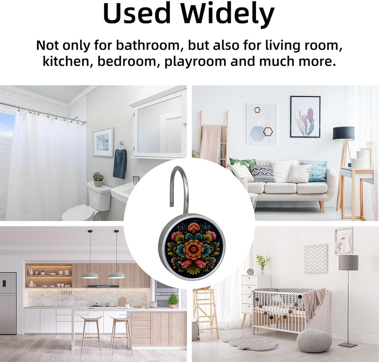 12PCS Norwegian Rosemaling Folk Style Flower (40) Shower Curtain Hooks Metal Rust Resistant Decorative Shower Curtain Hooks Bathroom Decorations