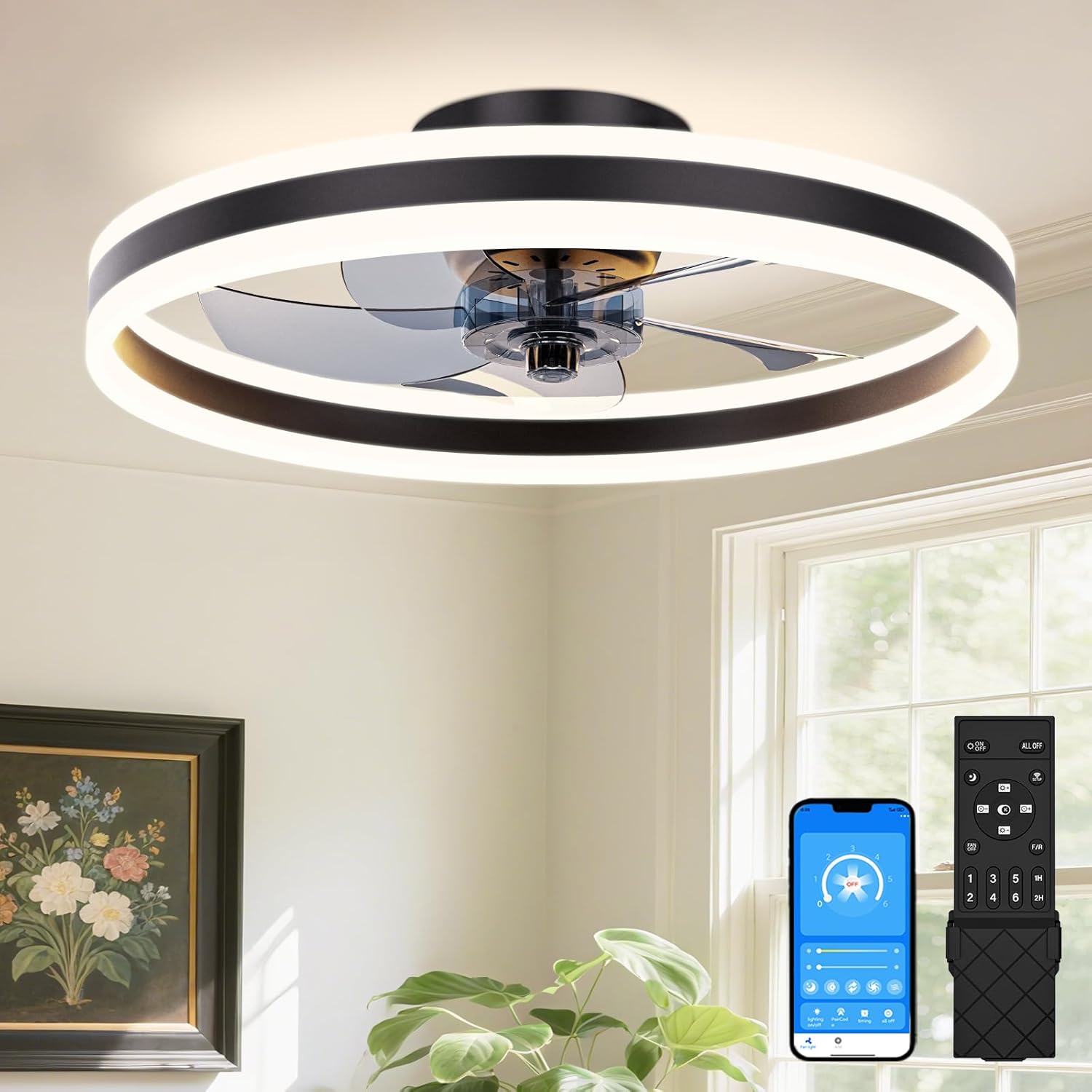 VOLISUN Low Profile Ceiling Fans with Lights and Remote, 19.7in Flush Mount Ceiling Fans with Light, 3000K-6500K Dimmable Fandelier LED Fan Light, Bladeless Ceiling Fans for Bedroom(Black)