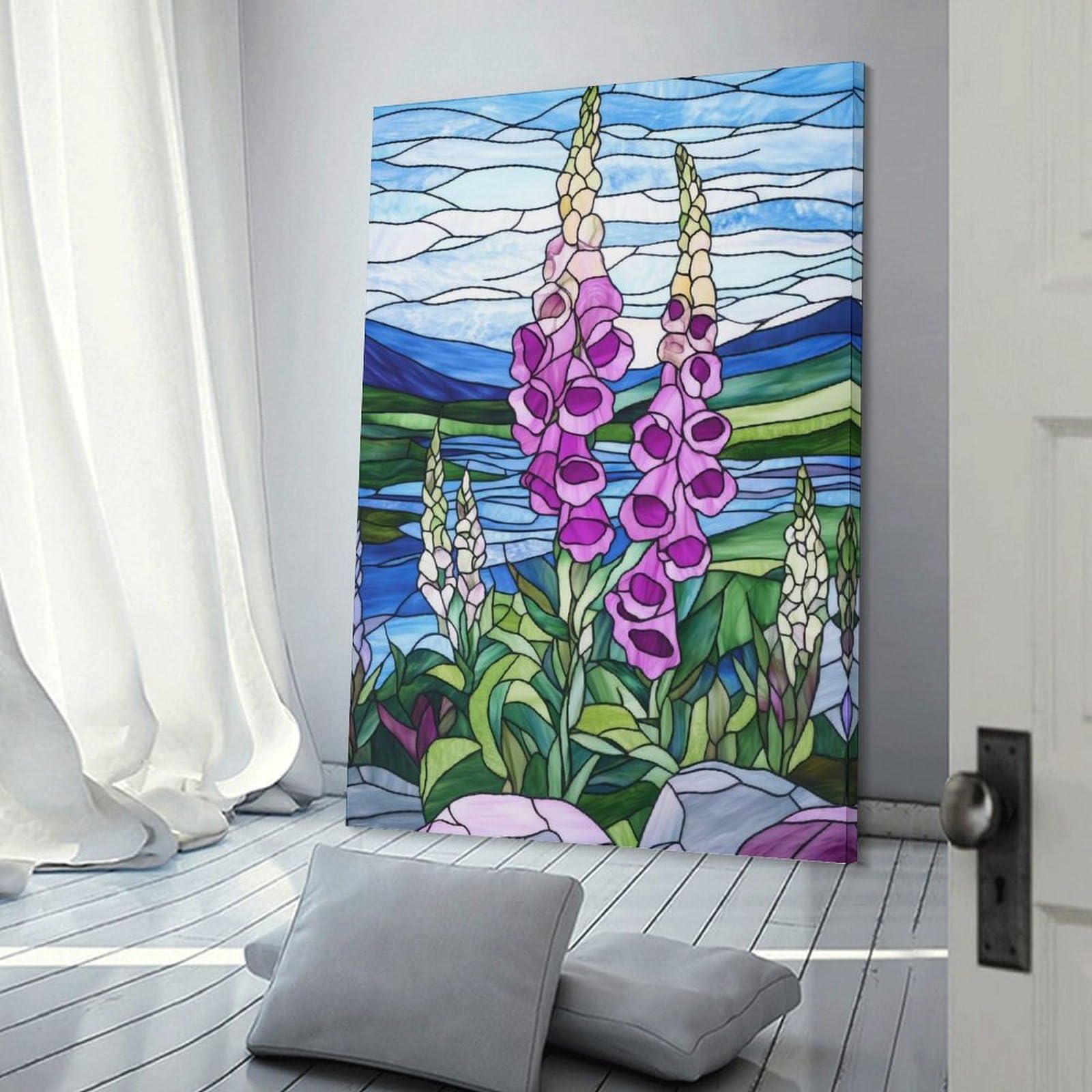 Junmoney Stained Glass Foxgloves Decorative Canvas Print, 16x24inch(40x60cm), for Hallway, Bedroom Or Modern Interiors, Gift Idea for Housewarming And Birthdays