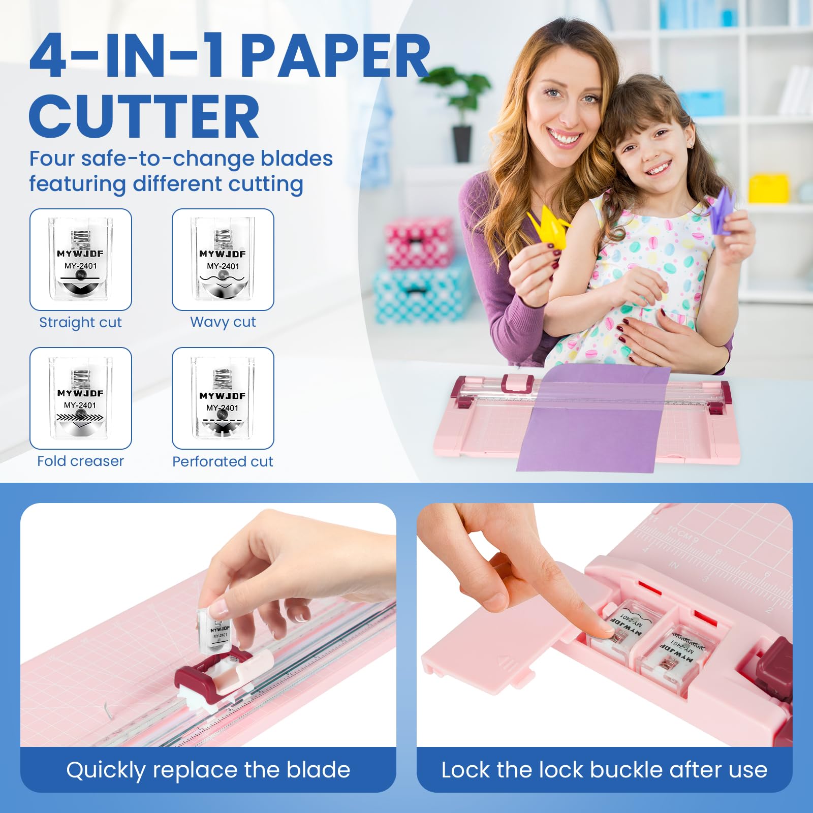 Taglierina per carta rotativa rosa, taglierina per carta da 30 cm per cartoncino, scrapbooking, lavori creativi, 4 funzioni con 5 impostazioni, protezione di sicurezza, righello laterale per foto, e