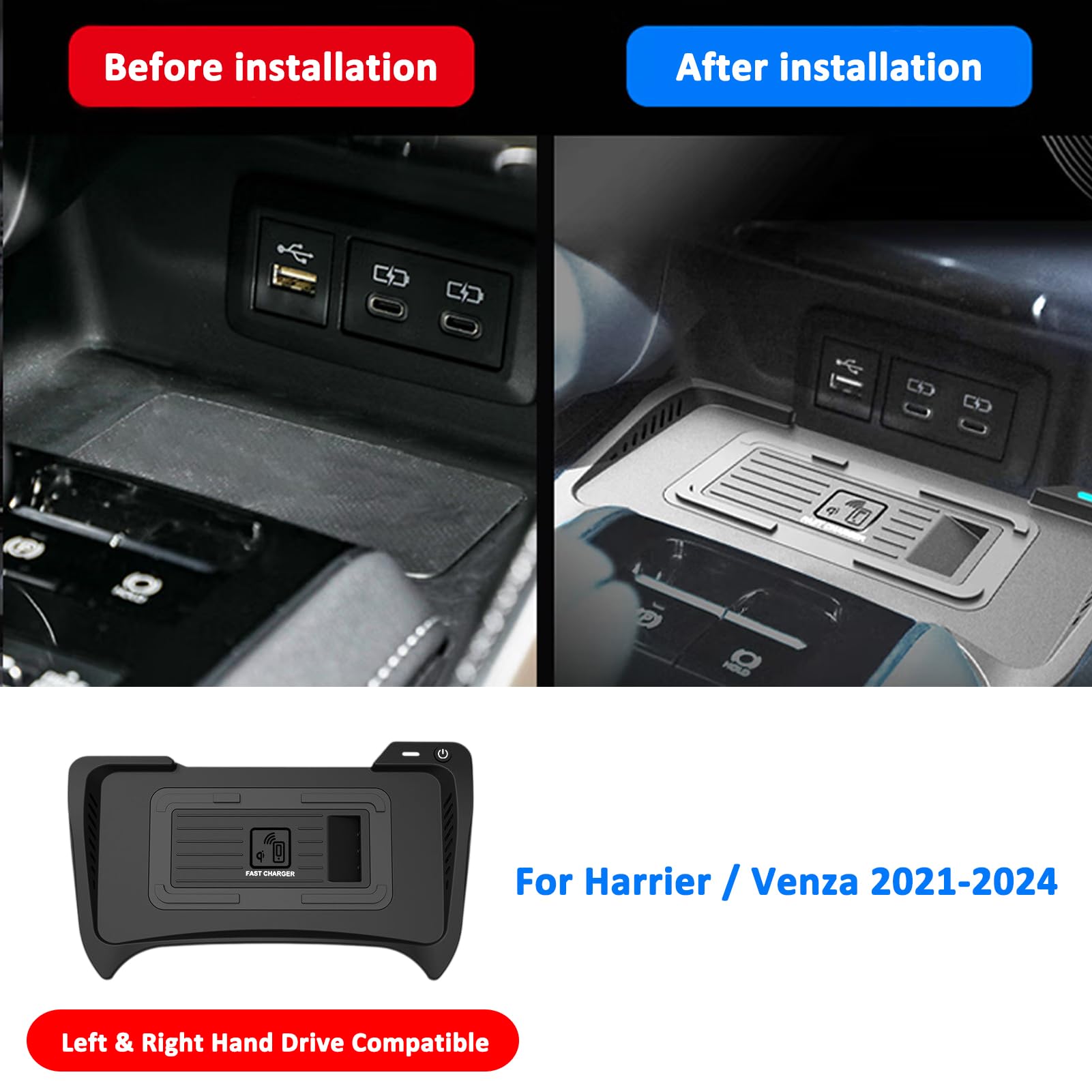 Bezprzewodowa Ładowarka Samochodowa do Toyota Harrier/Venza 2021-2024, Szybkie Ładowanie Qi 15W Styl OEM do Konsoli Centralnej, Moduł z Ochroną i Chłodzeniem