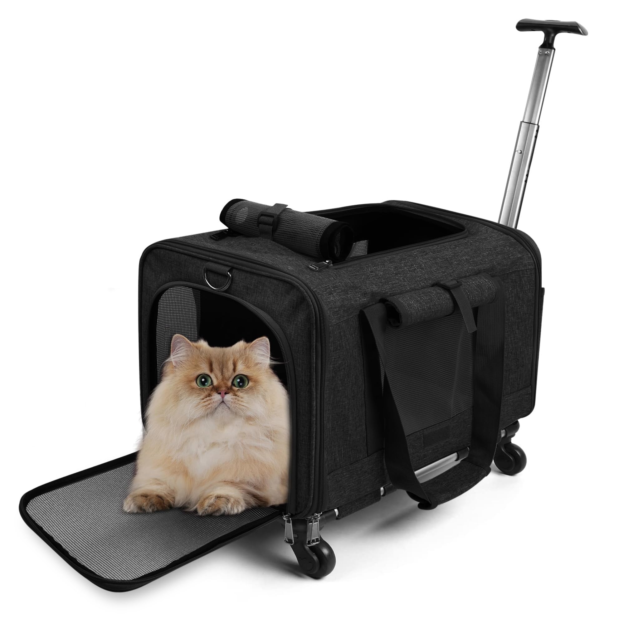 ALLSOPETS Transportín Plegable para Mascotas con Ruedas y Varilla Telescópica - Transpirable Bolsa de Transporte para Gatos Perro Carga Máxima 15kg para Viajes Senderismo Camping Gris Oscuro