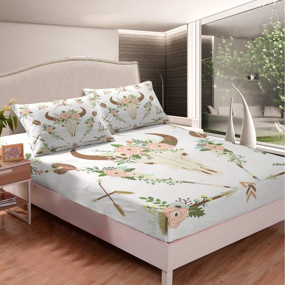 Juego de sábanas con diseño de Calavera de Toro, botánico, Estampado Floral, para niños y niñas, Flores, Plumas, Flecha, Juego de sábanas para decoración de la habitación, Funda de Cama Individual