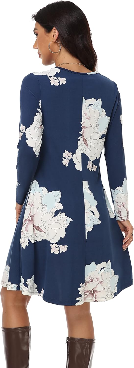 VintageClothing Women's Casual T Shirt Dresses Long Sleeve Loose Swing Dress with Pockets - Image 6