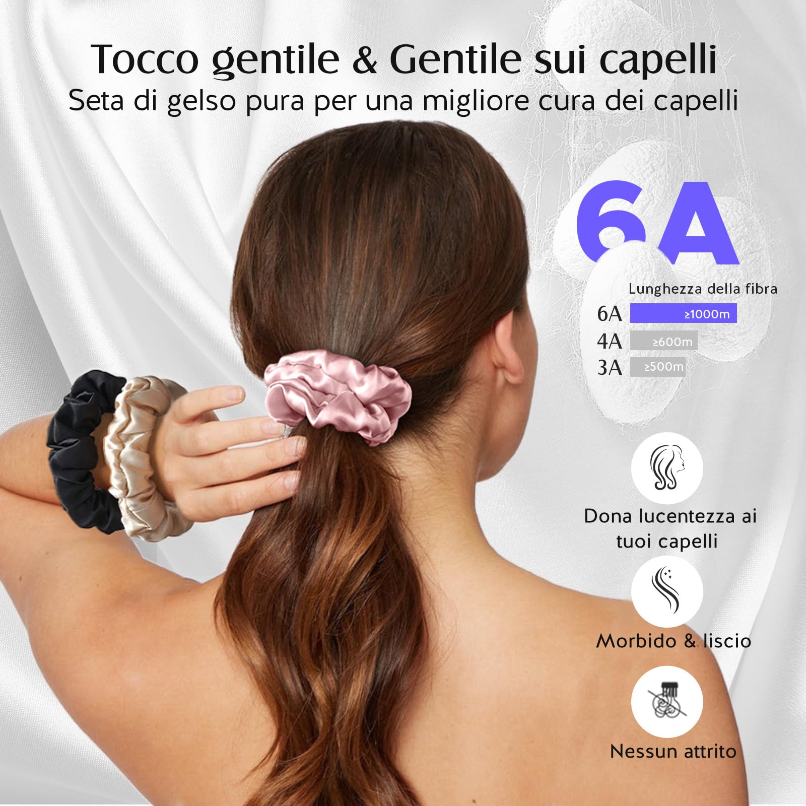 Umisleep Set di 3 scrunchies in seta al 100% per donne, morbidi elastici per capelli per meno crespi e rottura, elastici per capelli senza impronte (rosa+nero+champagne)