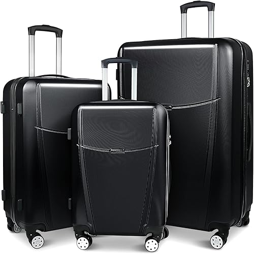 Feyabul 828 - Equipaje de mano rígido con ruedas giratorias, maleta ligera con cerradura TSA, Negro, 20in&24in&28in(3 Piece Luggage Sets)