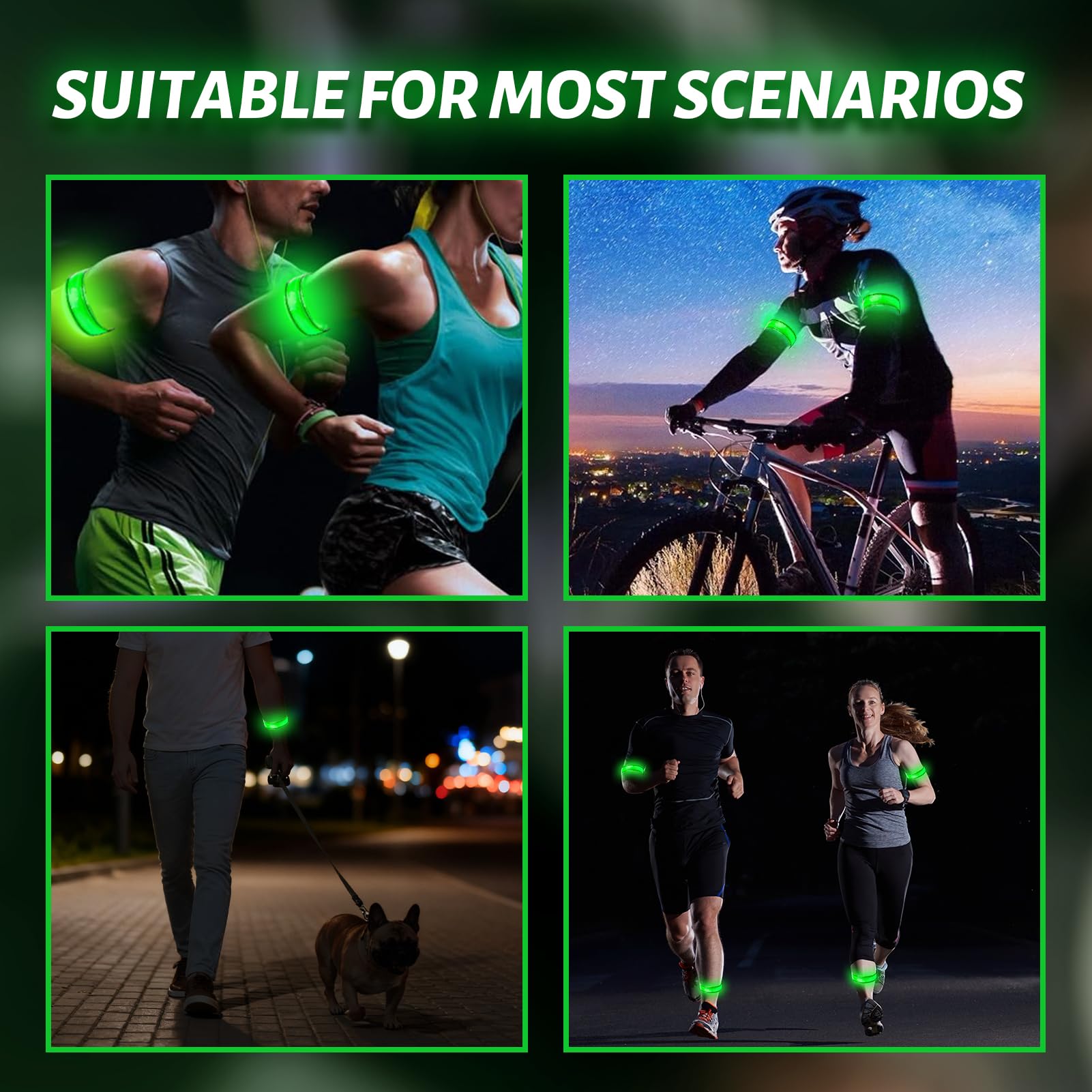 TaimeiMao 2 Pezzi Bande Catarifrangenti, LED Braccialetto Ricaricabile USB, Fascia di Sicurezza ad Alta visibilità, per Ciclismo, Jogging, Escursionismo, Running - Verde