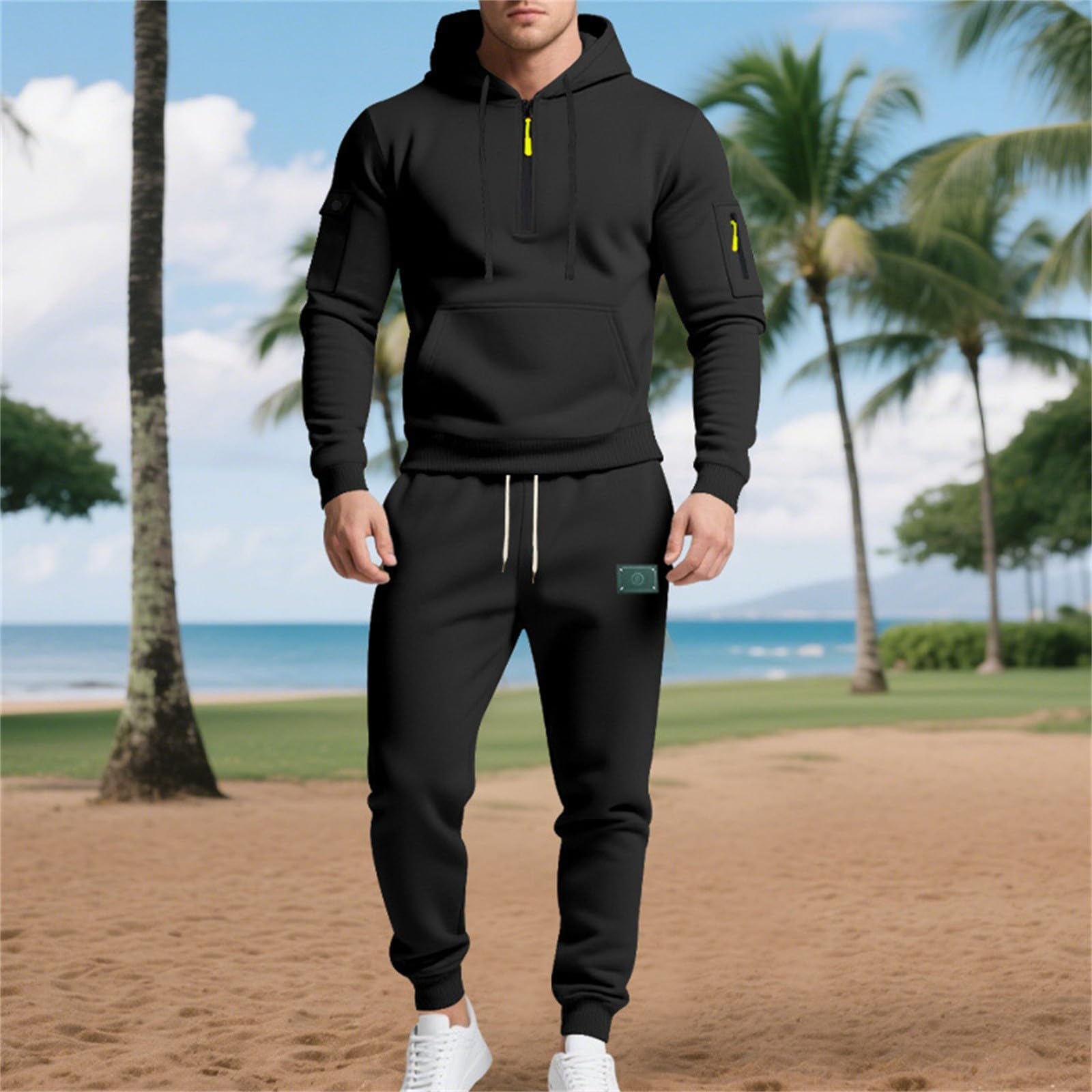 Conjunto completo de chándal deportivo de manga larga para hombre | Sudadera deportiva cómoda con capucha y pantalones deportivos, ropa deportiva ligera con bolsillo, conjuntos casuales