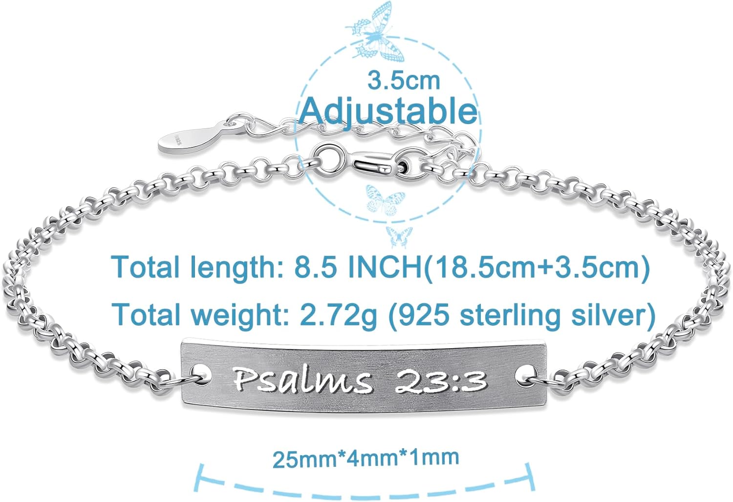 Psalm 23 3 Bracelet for Women, 925 Sterling Silver Christian Peace Jewelry, Meaningful Gift for Her