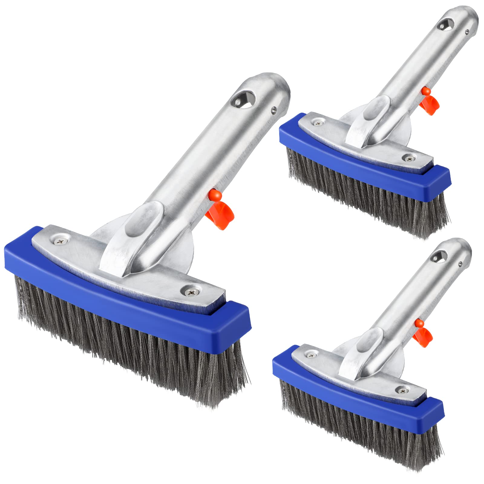 Gejoy Lot de 3 brosses de piscine de 14 cm en acier inoxydable très résistantes avec poignée en aluminium et poils en acier inoxydable pour nettoyer la piscine et s'adapter à la plupart des poteaux