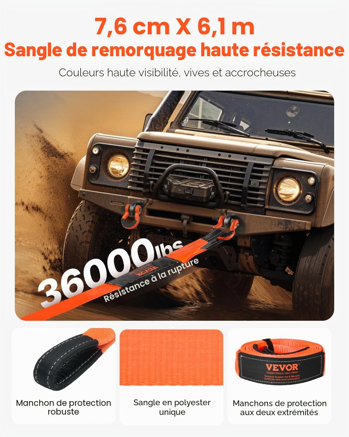 VEVOR Sangle de Remorquage Récupération Cinétique, 76,2 mm x 6,1 m, Résistance à la Rupture 16329 kg, avec Manchons de Protection, Sac de Rangement, Manilles à Anneau D 19 mm, pour Camions, SUV, VTT