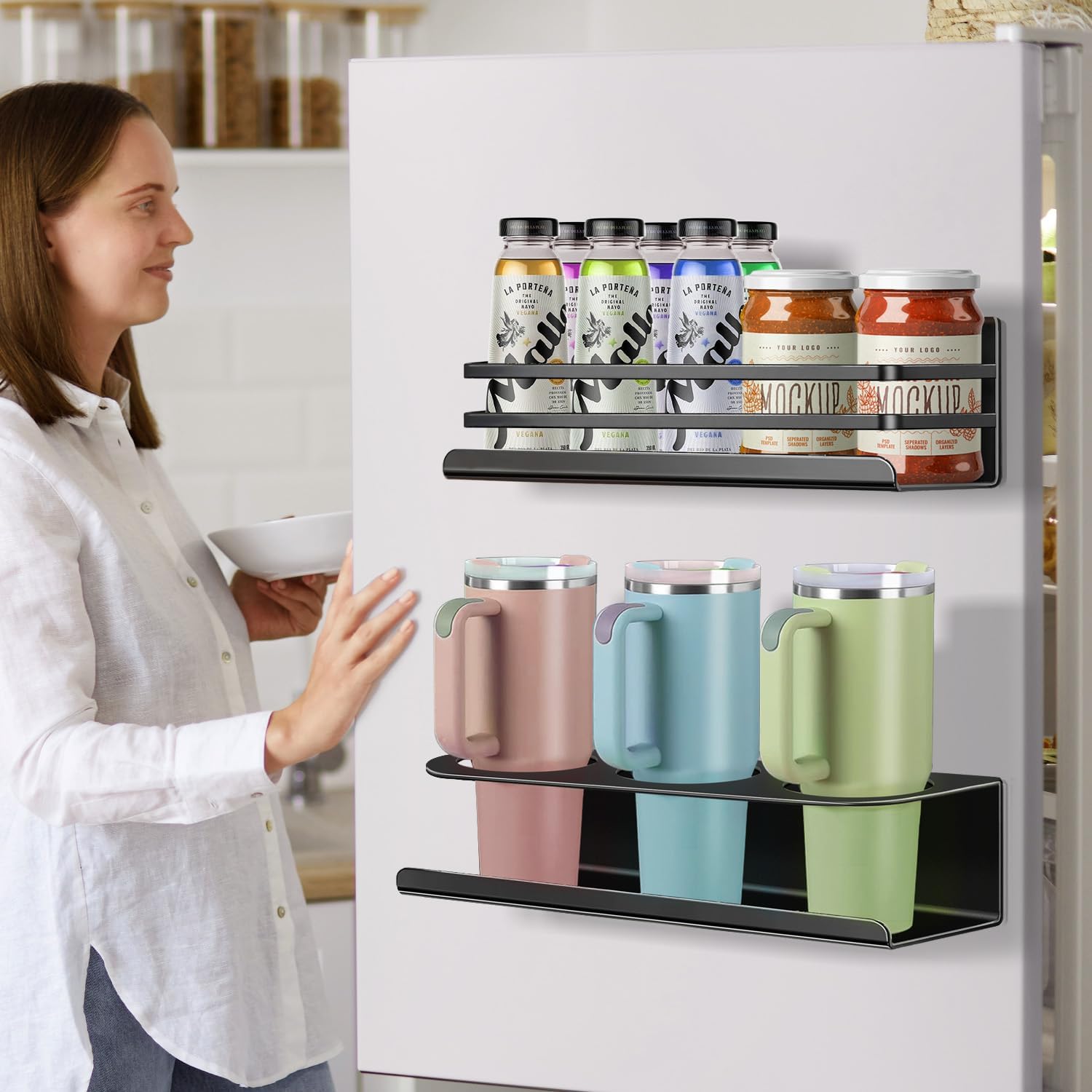 Magnetic Cup Holder for Fridge, Heavy-Duty 2 Packs magnetic water bottle holder for Stanley 30/40 oz Tumbler, Magnetic Spice Organizer Racks - Refrigerator Seasoning Organization Shelves for Kitchen