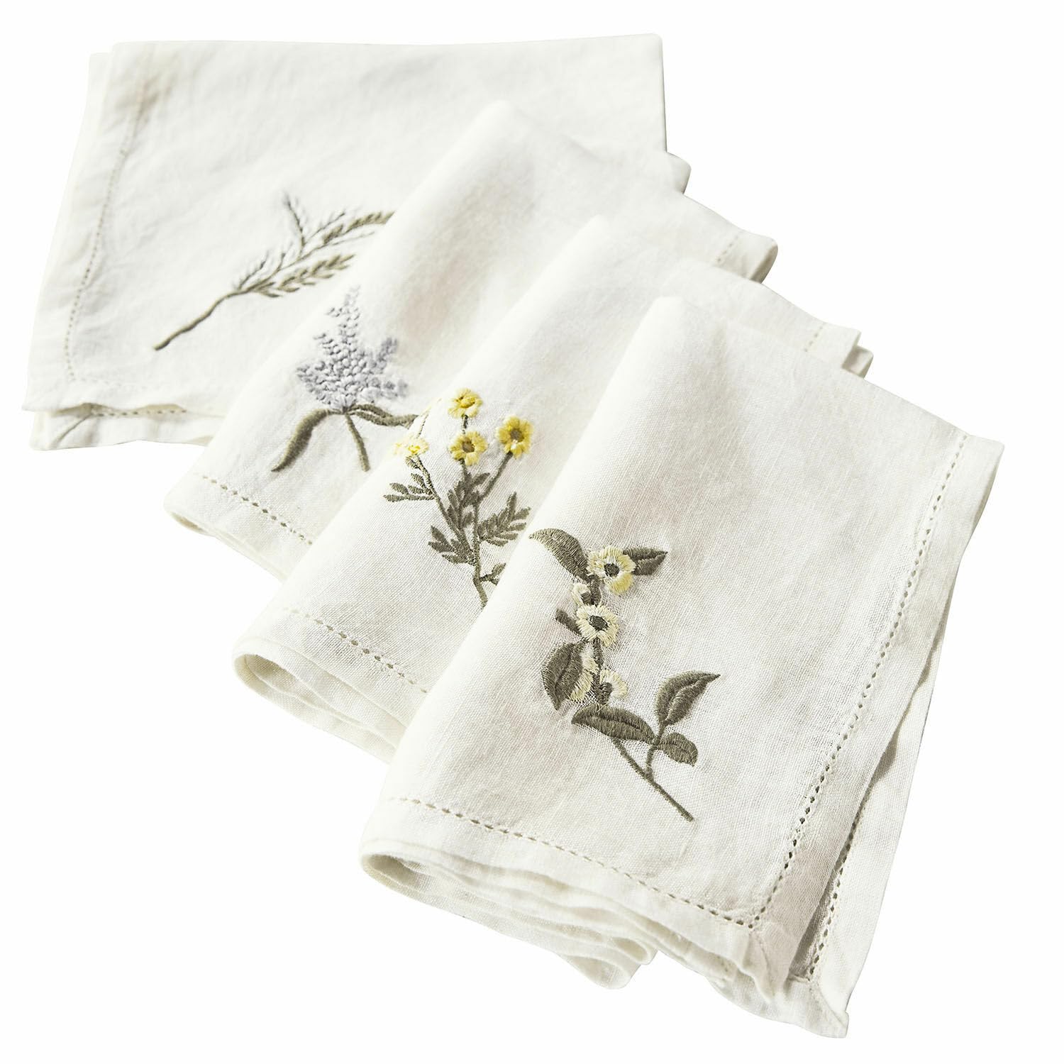 LOBERON Serviette 4er Set Lentilly, weiß/bunt | handbestickt mit Blumen- und Pflanzenmotiven, reizende Lochstickerei am Saum, Tischwäsche, Ostern, Ostertextilien, Leinen