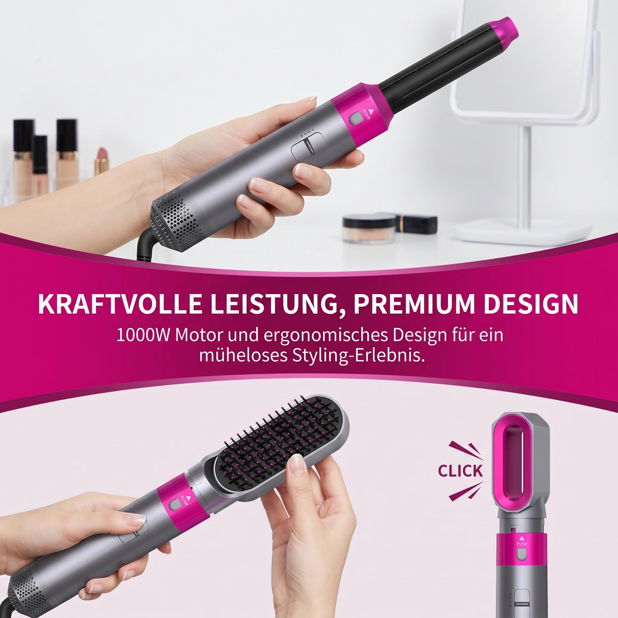 5 in 1 Hairstyler Set - Air Styler set mit 1000W Warmluftbürste mit Föhn, Lockenstab, Glättbürste – Trocknen, Glätten, Locken für alle Haartypen, Luftcurler Stylinggerät