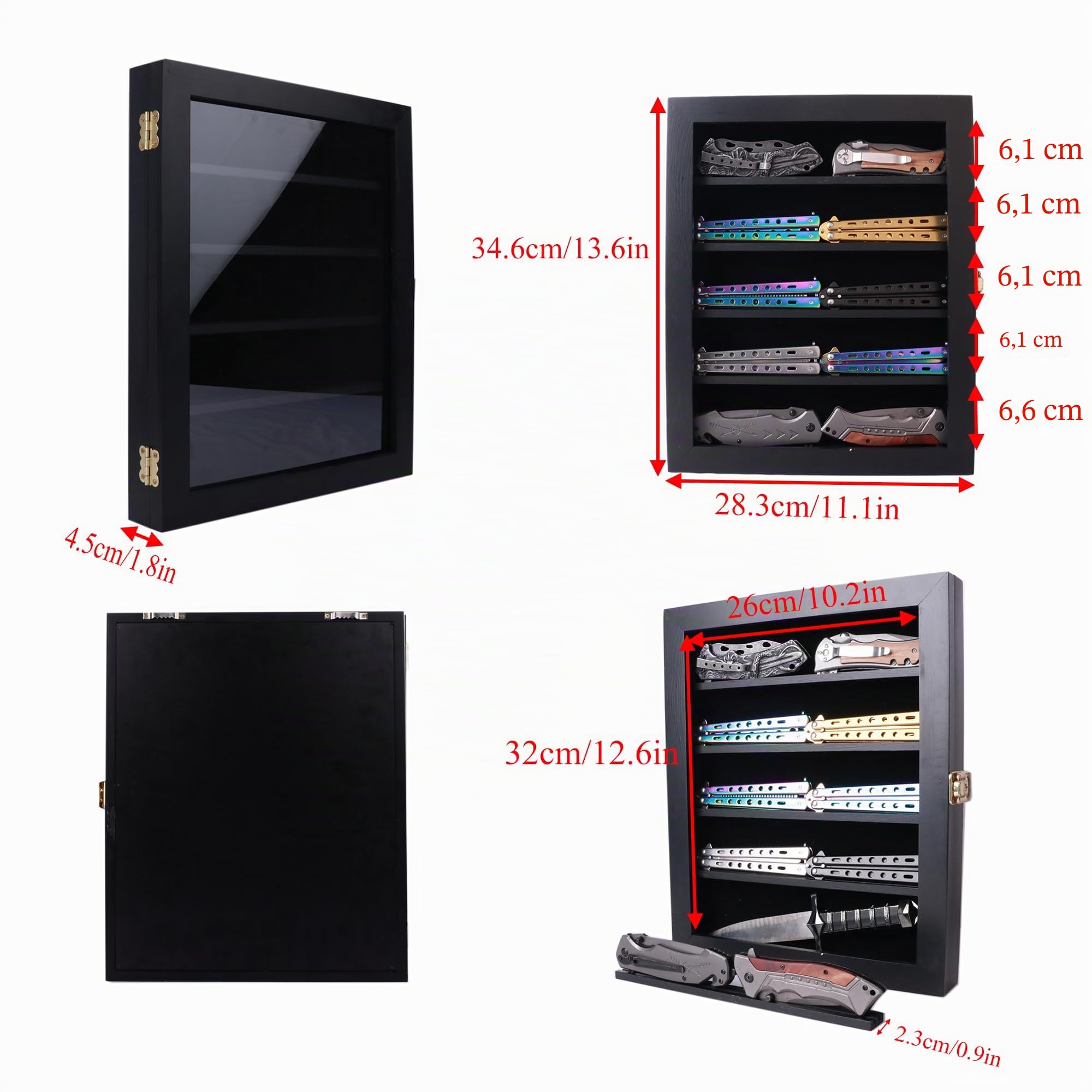 Vetrina per coltelli da parete, supporto per coltelli, coltello tascabile, display militare, resistente alla polvere e ai raggi UV, richiudibile, nero
