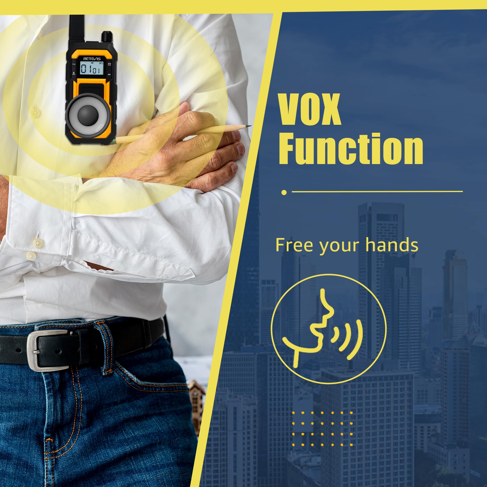 Retevis RB648 Walkie Talkie Impermeabile, Walkie Talkies Resistente, Tripla Prova Avanzata, IP67 Doppio PTT, Vibrazione SOS, Radio Bidirezionale 2000 mAh con Auricolare per Cantiere (2 Pezzi, Giallo)