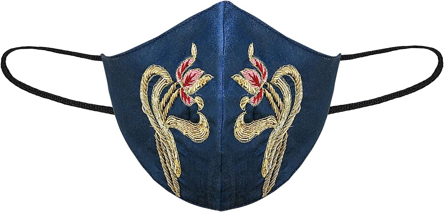 NM Silk Bridle Embroidery Face Mask Engraved Beautifully Design (Blue)