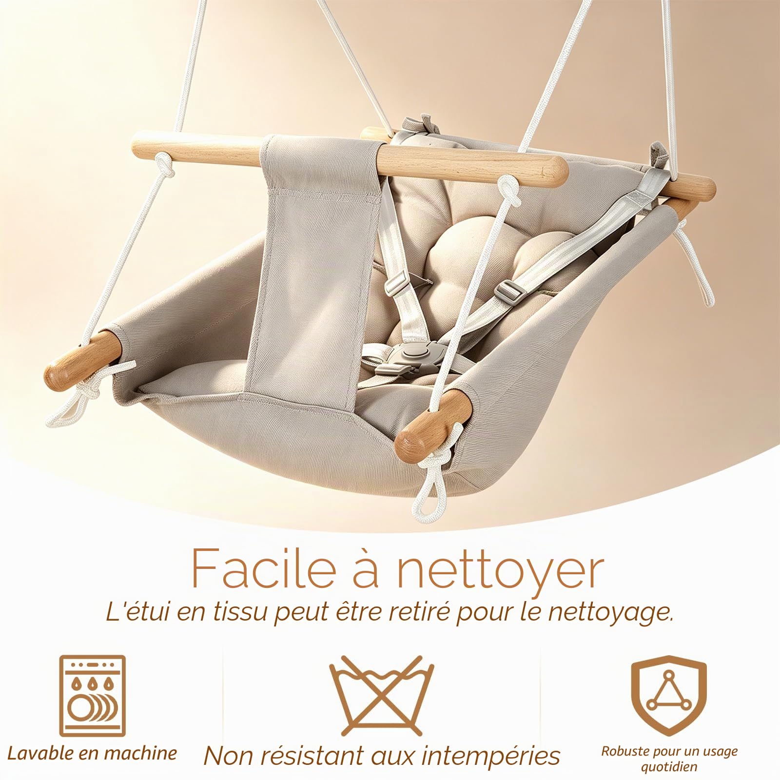 Balançoire bébé 3 en 1, Chaise Suspendue en Bois avec Ceinture de sécurité et Coussin en Coton, hamac-balançoire bébé réglable, balançoire Enfant d'intérieur/extérieur, capacité 60 kg, 6-36 Mois