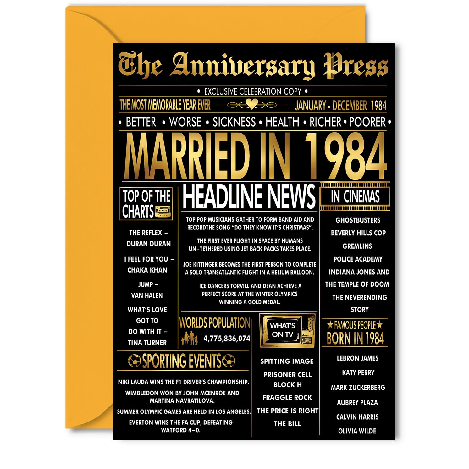 Gold 42nd Anniversary Card for Women Men - Golden Newspaper Married in 1984-42 Year Wedding Anniversary Card for Partner Wife Companion Husband, 5x7 Inch Anniversaries Greeting Cards