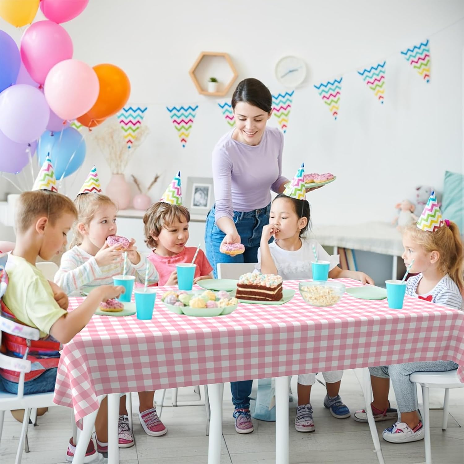 Gender Reveal Gingham Tablecloth (2 Pack),54 x 108 Inch Pink and Blue Checkered Table Cloth Rectangle Table for Boy or Girl Gender Reveal Party Baby Shower Birthday Party image 4