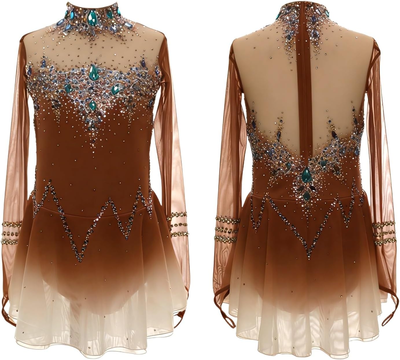 Ice Figure Skating Dress for Girls and Women Long Sleeved Handmade Ice Competition Dance Outfits for Holiday Show