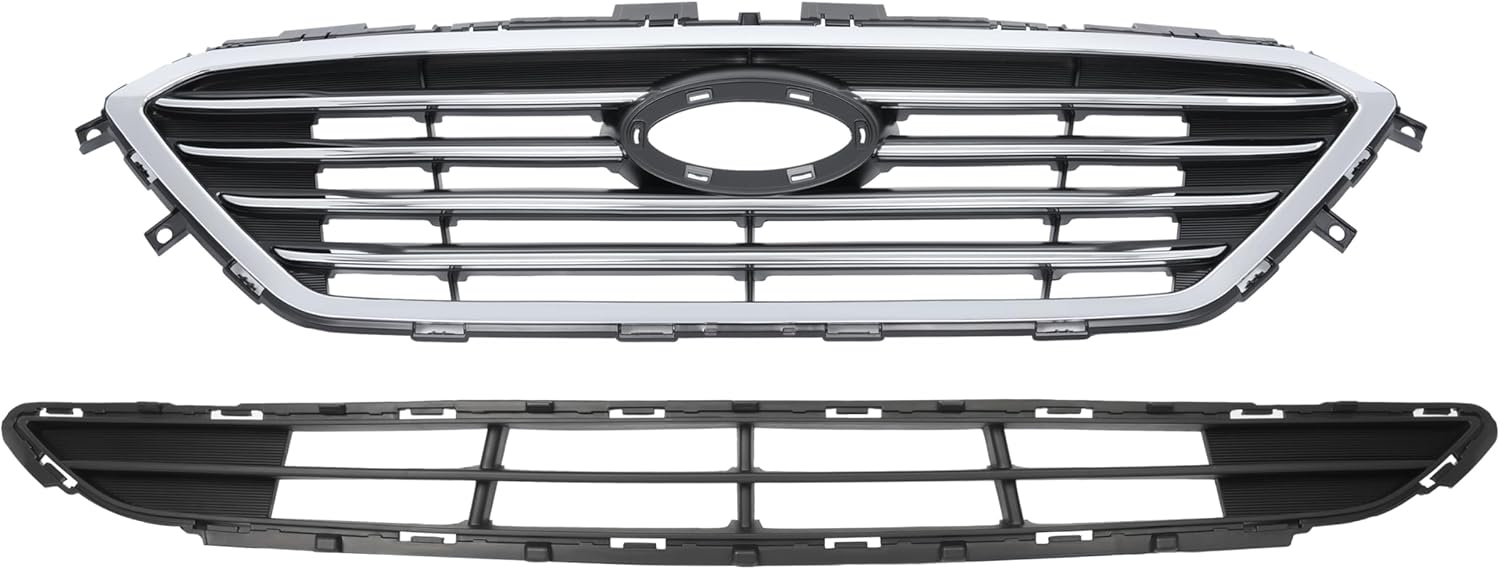 HECASA Front Upper + Lower Grille Compatible with 2015-2017 Hyundai Sonata 86350C2000 86561C2000 Front Bumper Grill Chrome Black+Silvery 2Pcs