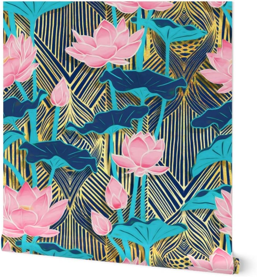 Peel & Stick Wallpaper 3ft x 2ft - Art Deco Lotus Flowers Pink Navy Vintage Leaves Teal Floral Nouveau Blue 1920S Custom Removable Wallpaper by Spoonflower