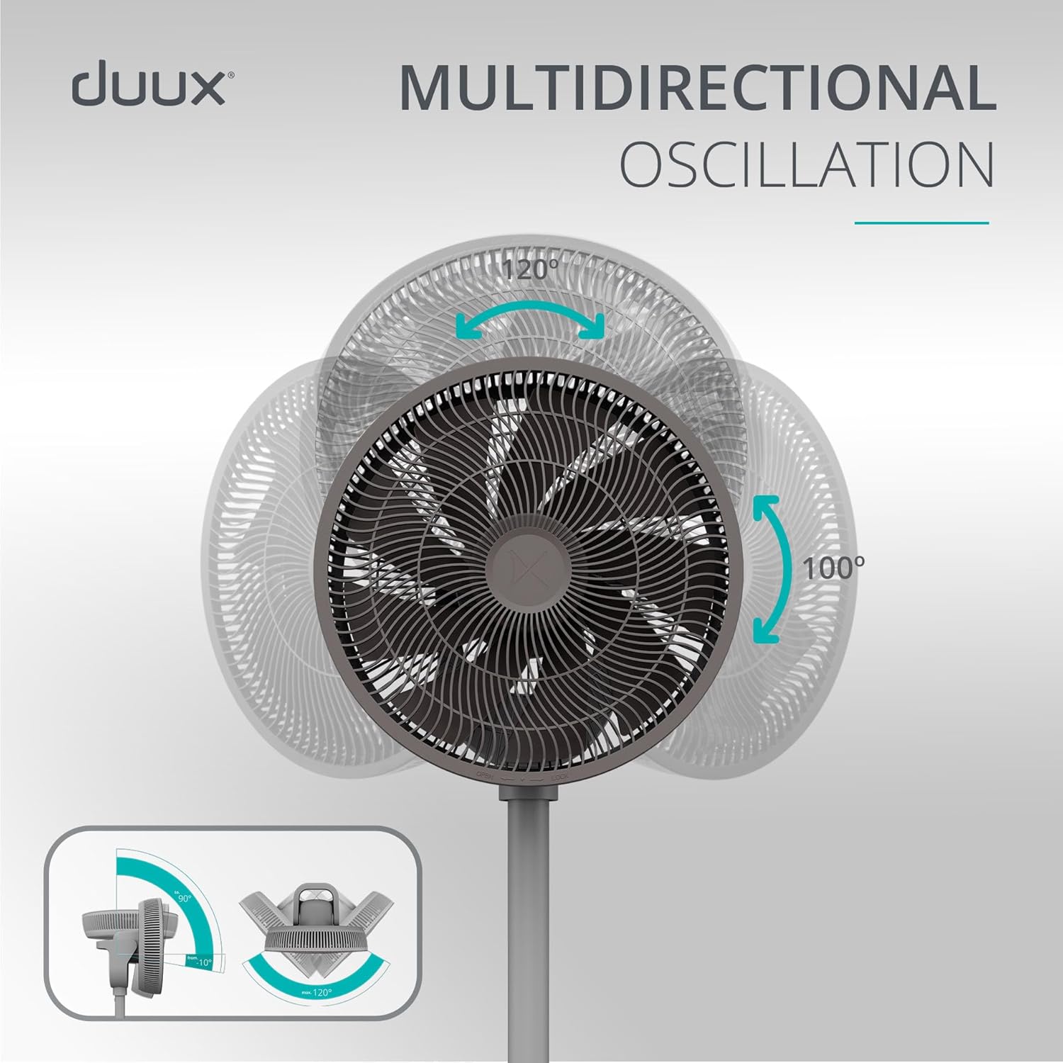 Duux Whisper 2 fan showing 120 degree horizontal and 100 degree vertical oscillation