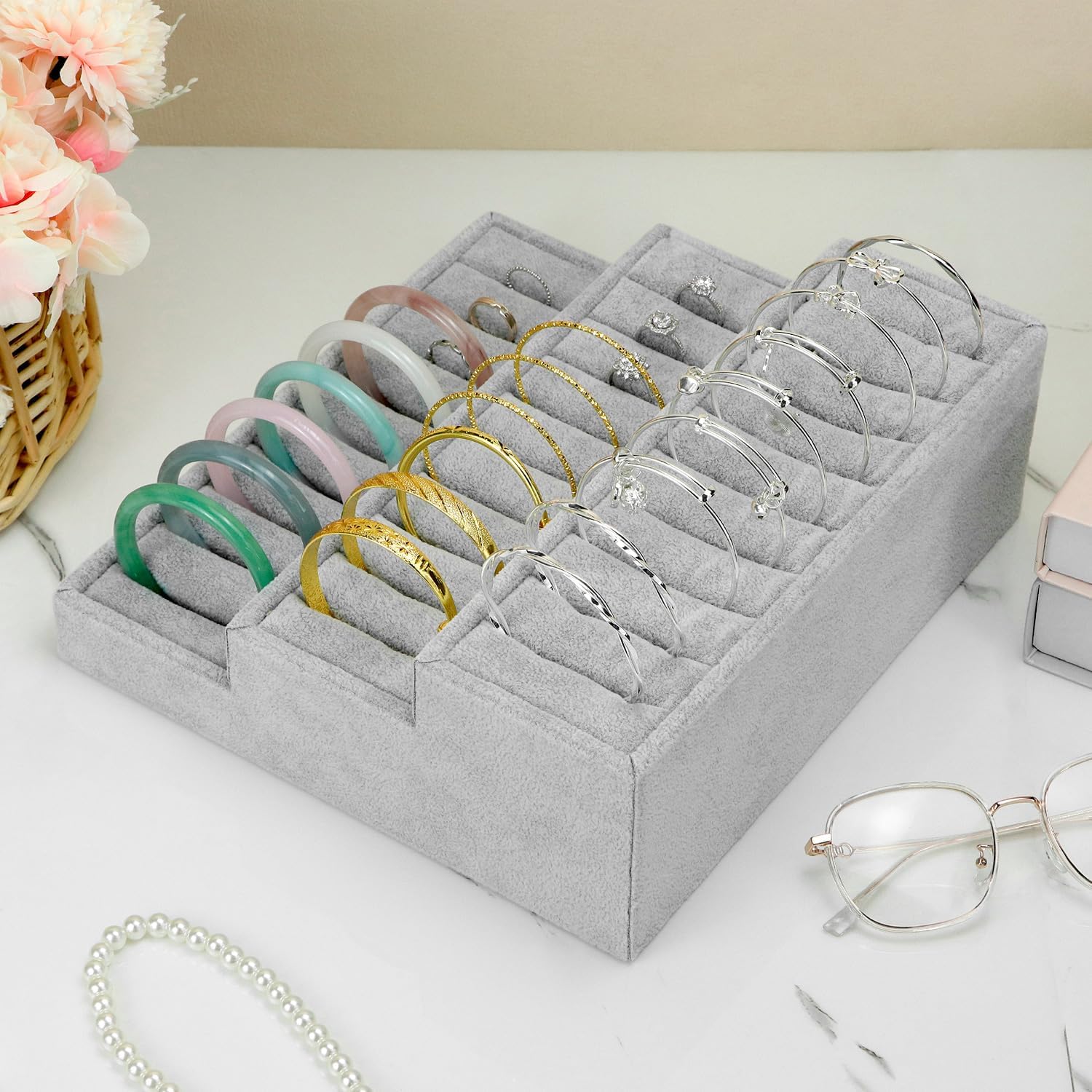 QWORK Bangle Display Tray - 27 Slot Showcase Organizer for Bangles, 10.43" x 9.45" x 3.54", 3 -Tier Bangle Organizer Display Bracelets Tray Holder with Velvet Inserts, Grey