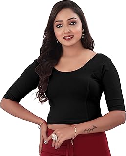DESI GIRL Solid Round Neck Ready to Wear Cotton Lycra Regular Fit Saree Blouse for Women | Stretchable and Stylish Readyma... Price In India