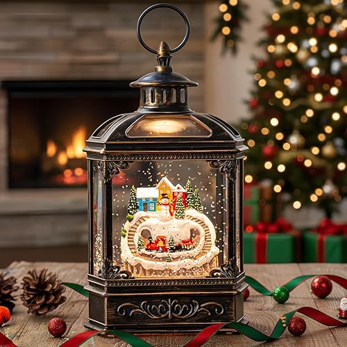 Linterna de globo de nieve de Navidad, muñeco de nieve brillante y tren con música, forro USBfunciona con pilas, linterna iluminada para decoración