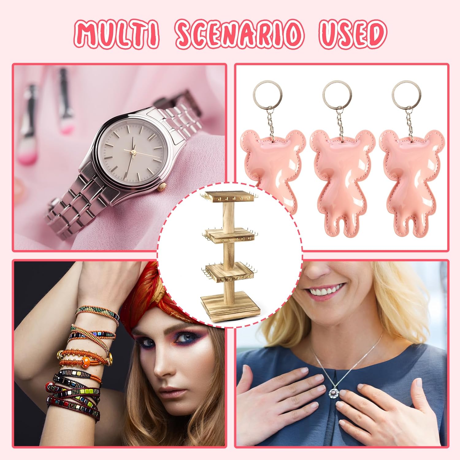 ERTIUANIO Bracelet Holder Display, 3 Tier Wooden Rotating Display Stand for vendors, 60 Hooks for Bracelet, KeyChain, Necklace, Jewelry