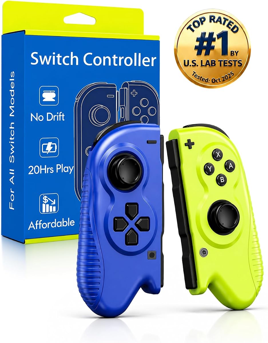 smarpadol Controladores de interruptor, control remoto inalámbrico Joy con joystick de efecto Hall, sin controles de deriva para Switch 1 OLED Lite, HD Rumble Gyro Motion, Wake Up, sin NFC, azul amarillo