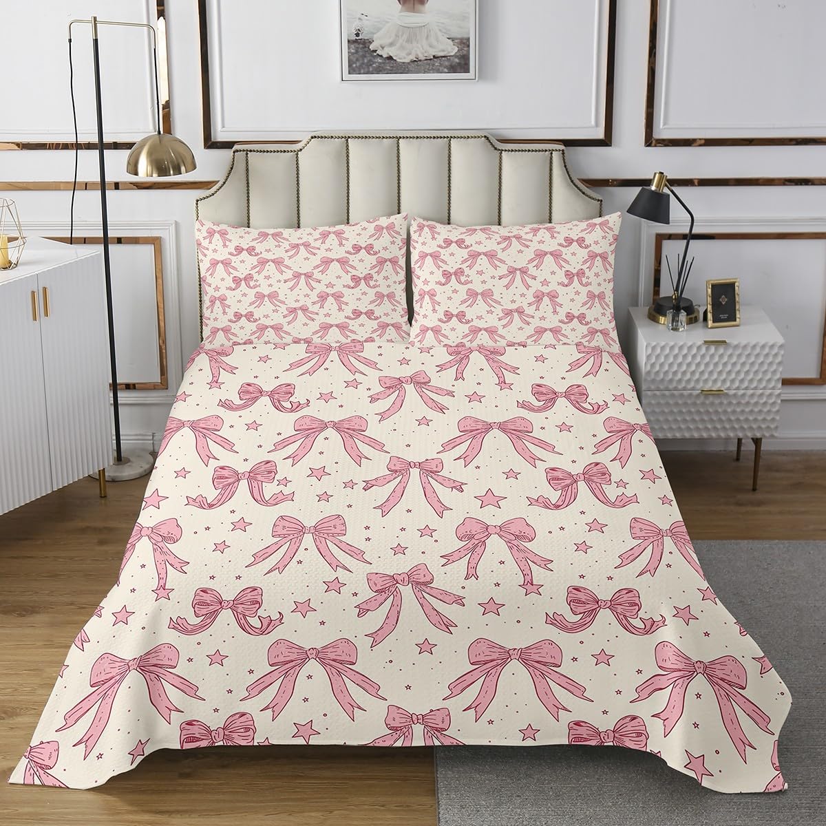 Feelyou Kawaii Bow Coverlet Set Girls Bow Bedspread for Kids Boys Girls Teens Room Decor Bow Quilted Coverlet King Size Cute Bowknot Beige Pink Quilted 3Pcs