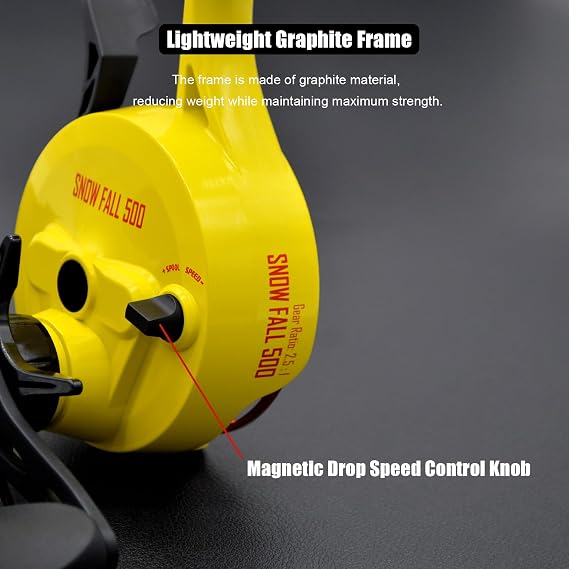 Snow Fall 500 Inline Ice Fishing Reel, 3+1 Ball Bearings and 2.5:1 Gear Ratio, Magnetic Drop Speed Control, Free Spool Release Trigger, CNC-Machined Aluminum Spool, Smooth Carbon Drag