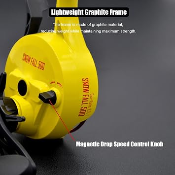 Snow Fall 500 Inline Ice Fishing Reel, 3+1 Ball Bearings and 2.5:1 Gear Ratio, Magnetic Drop Speed Control, Free Spool Release Trigger, CNC-Machined Aluminum Spool, Smooth Carbon Drag